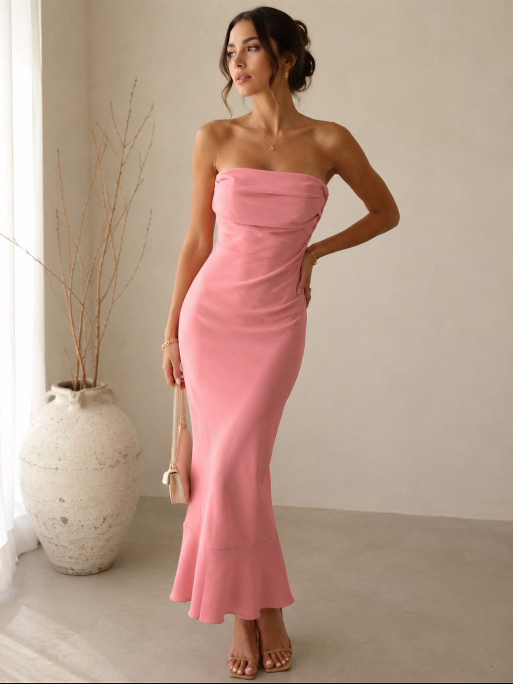 Here Comes The Sun Pink Strapless Ruched Mermaid Midi Dress M NWT